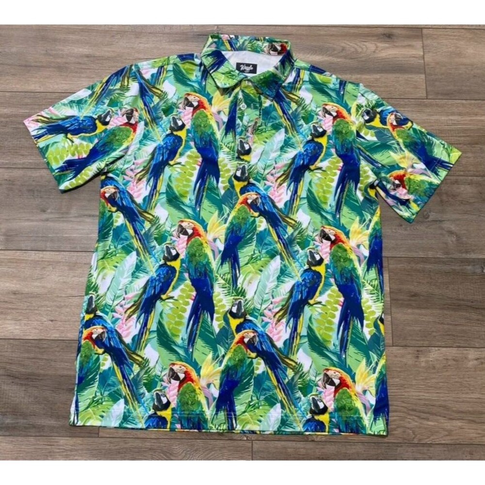 Waggle Golf Polo Shirt Mens L Blue Parrot Floral AOP Performance Stretch Wick